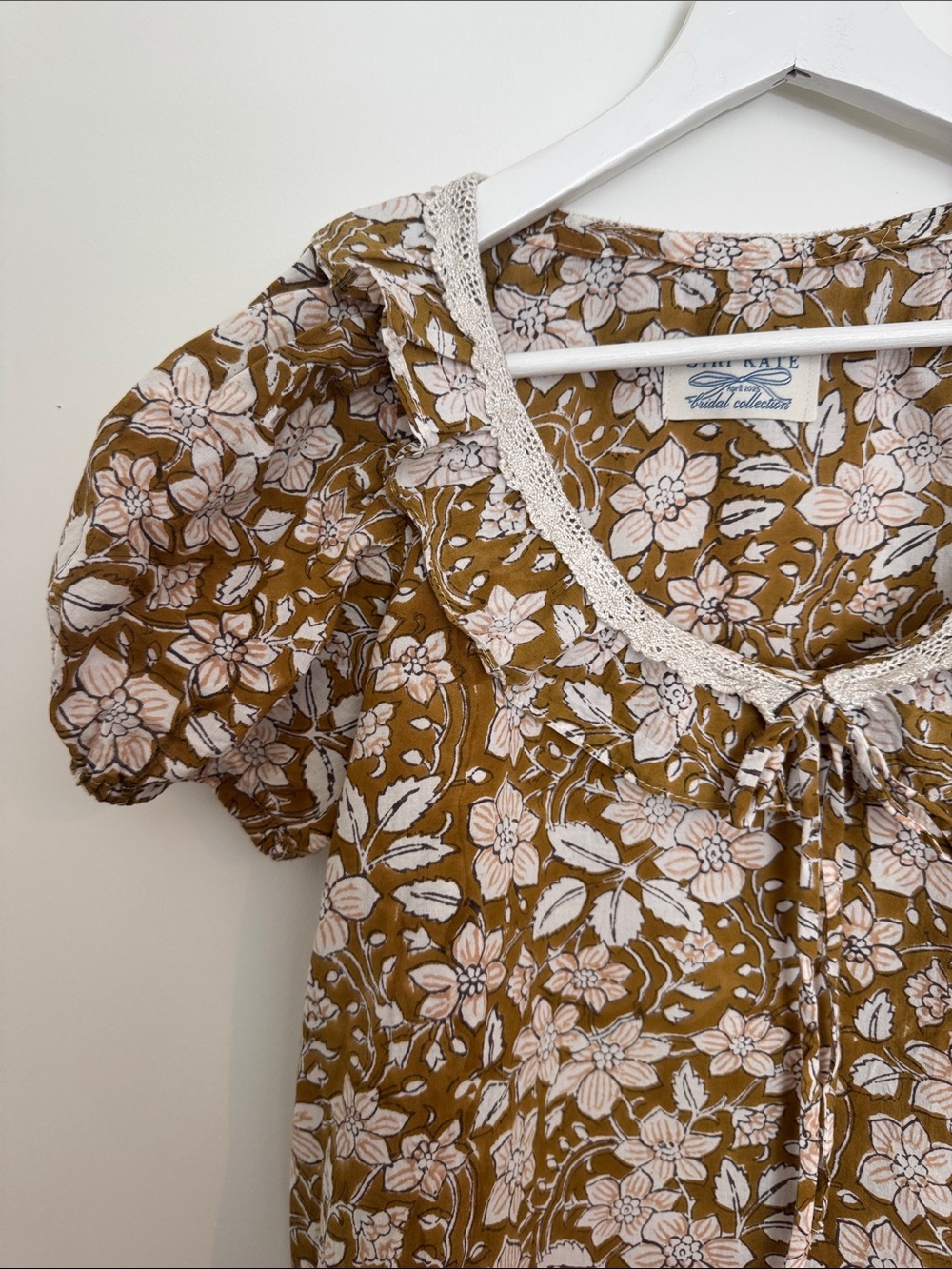 OOAK Mustard Floral Puff-Sleeve Cotton Blouse - Picture 2 of 5